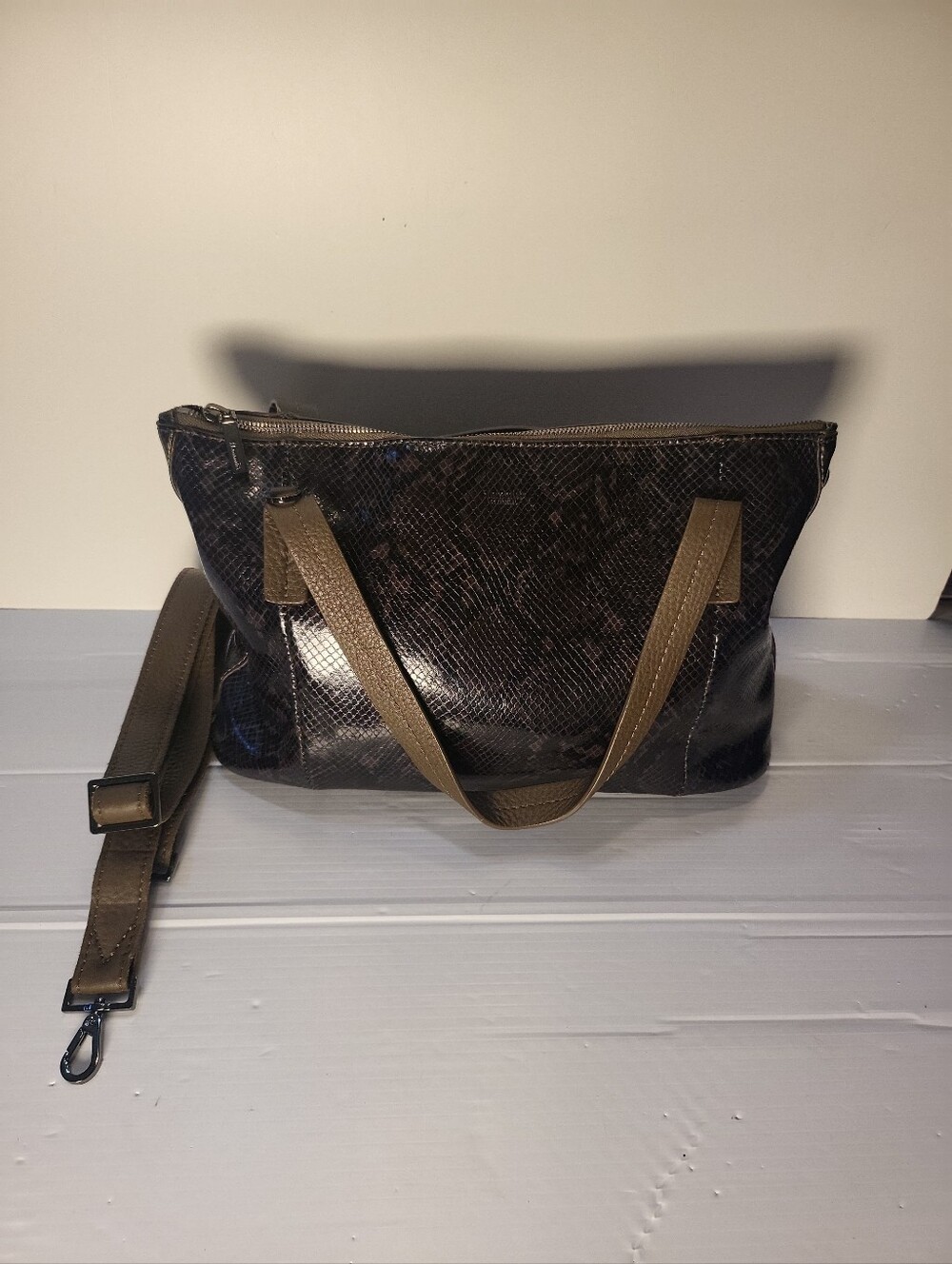 Hammitt Addie Medium Leather Tote Olivine Snake Gunmetal olive green
